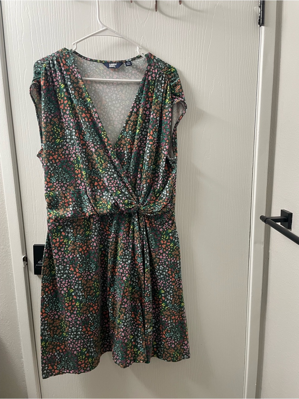 Lands' End Green Floral Twist-Front Midi Dress